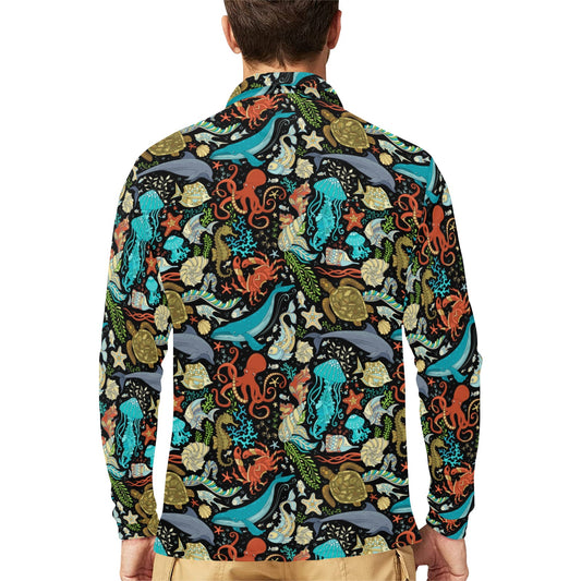 Underwater Animal Print Design LKS301 Long Sleeve Polo Shirt For Men's