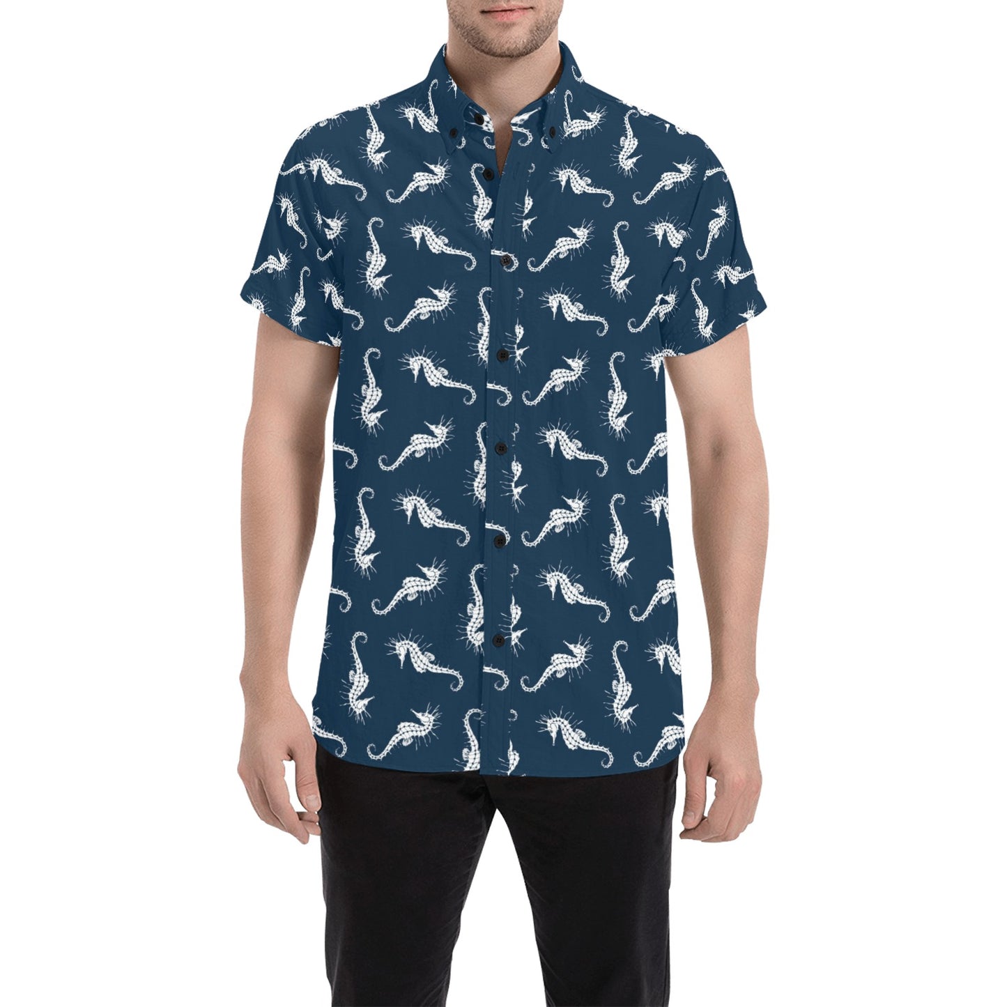 SeaHorse Print Design LKS402 Men Short Sleeve Button Up Shirt