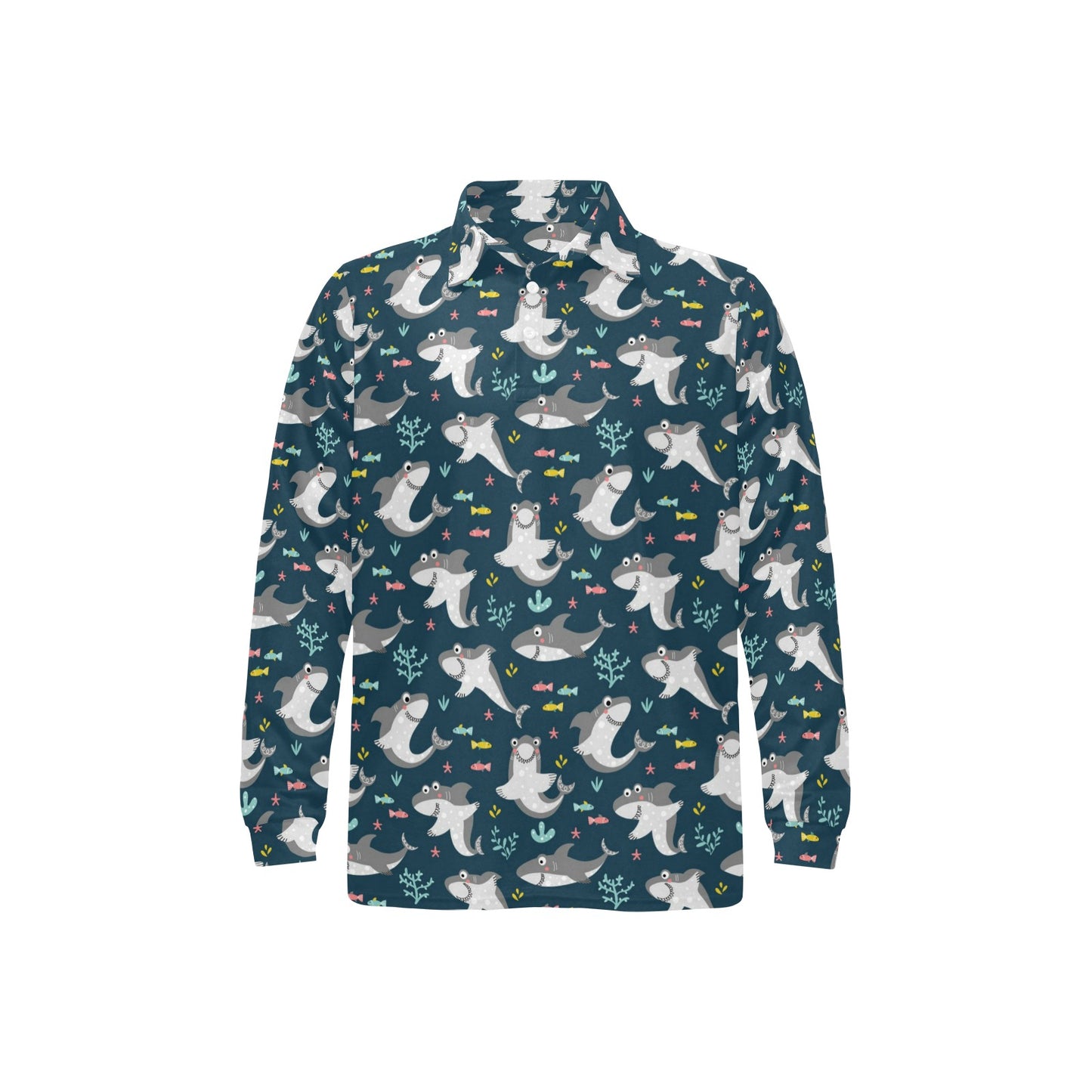 Shark Print Design LKS307 Long Sleeve Polo Shirt For Men's