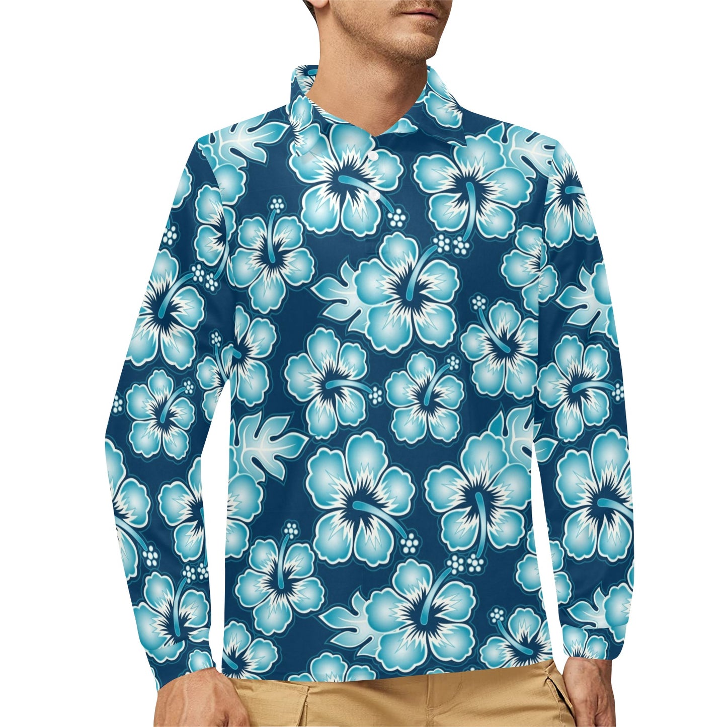 Blue Hibiscus Pattern Print Design HB011 Long Sleeve Polo Shirt For Men's