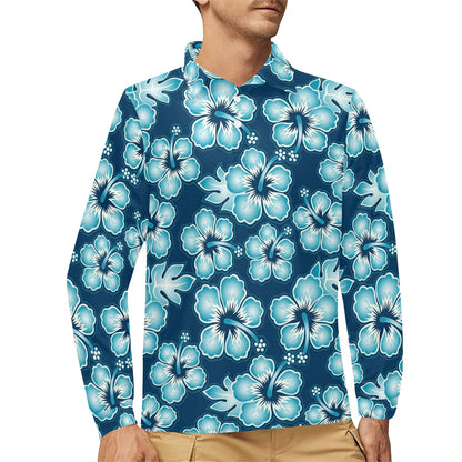 Blue Hibiscus Pattern Print Design HB011 Long Sleeve Polo Shirt For Men's