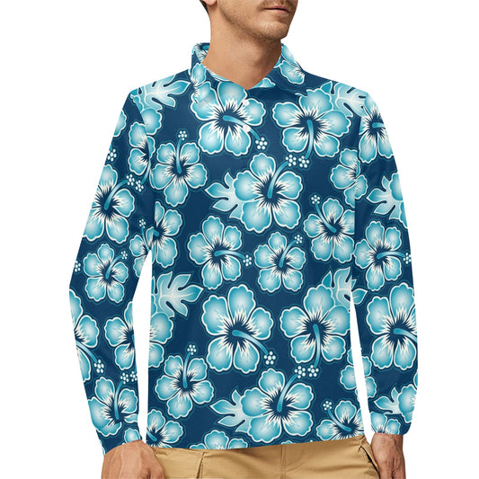 Blue Hibiscus Pattern Print Design HB011 Long Sleeve Polo Shirt For Men's