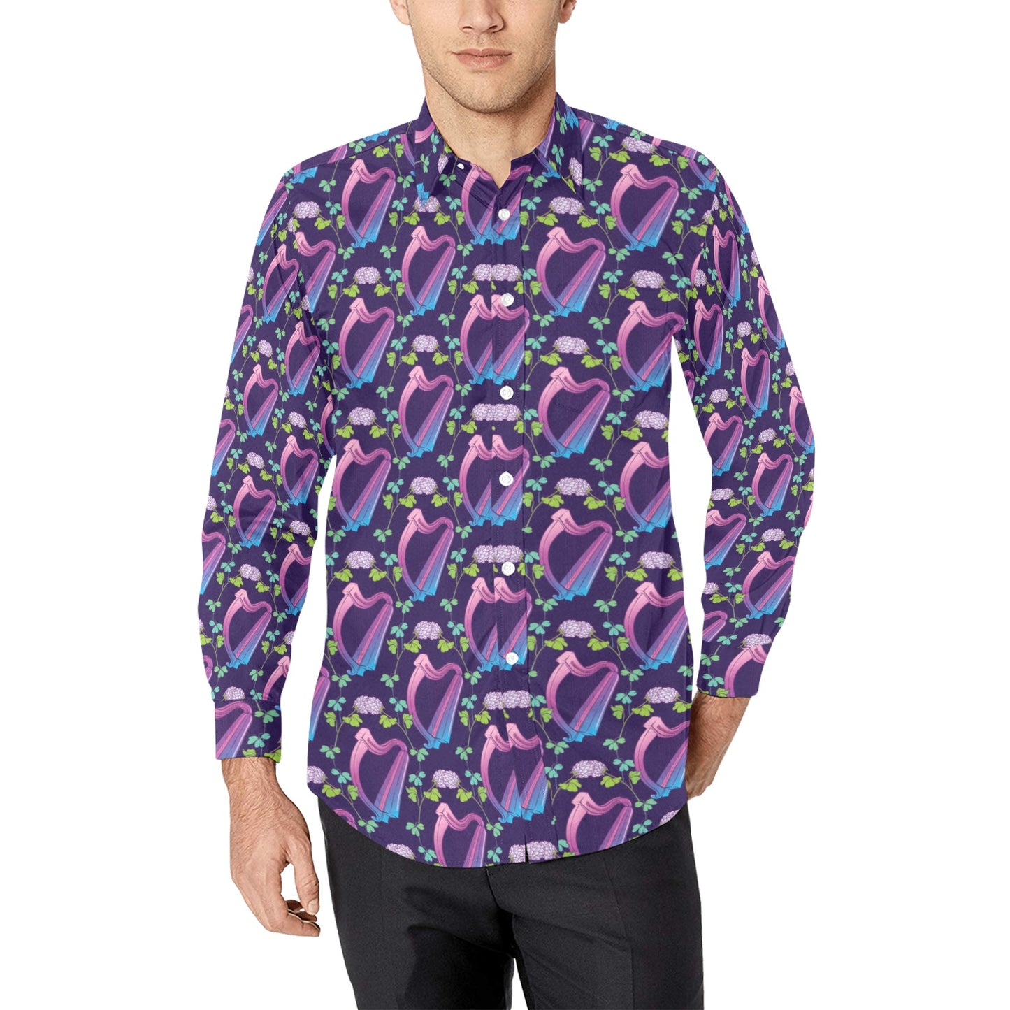Harp Print Design LKS403 Men's Long Sleeve Dress Shirt