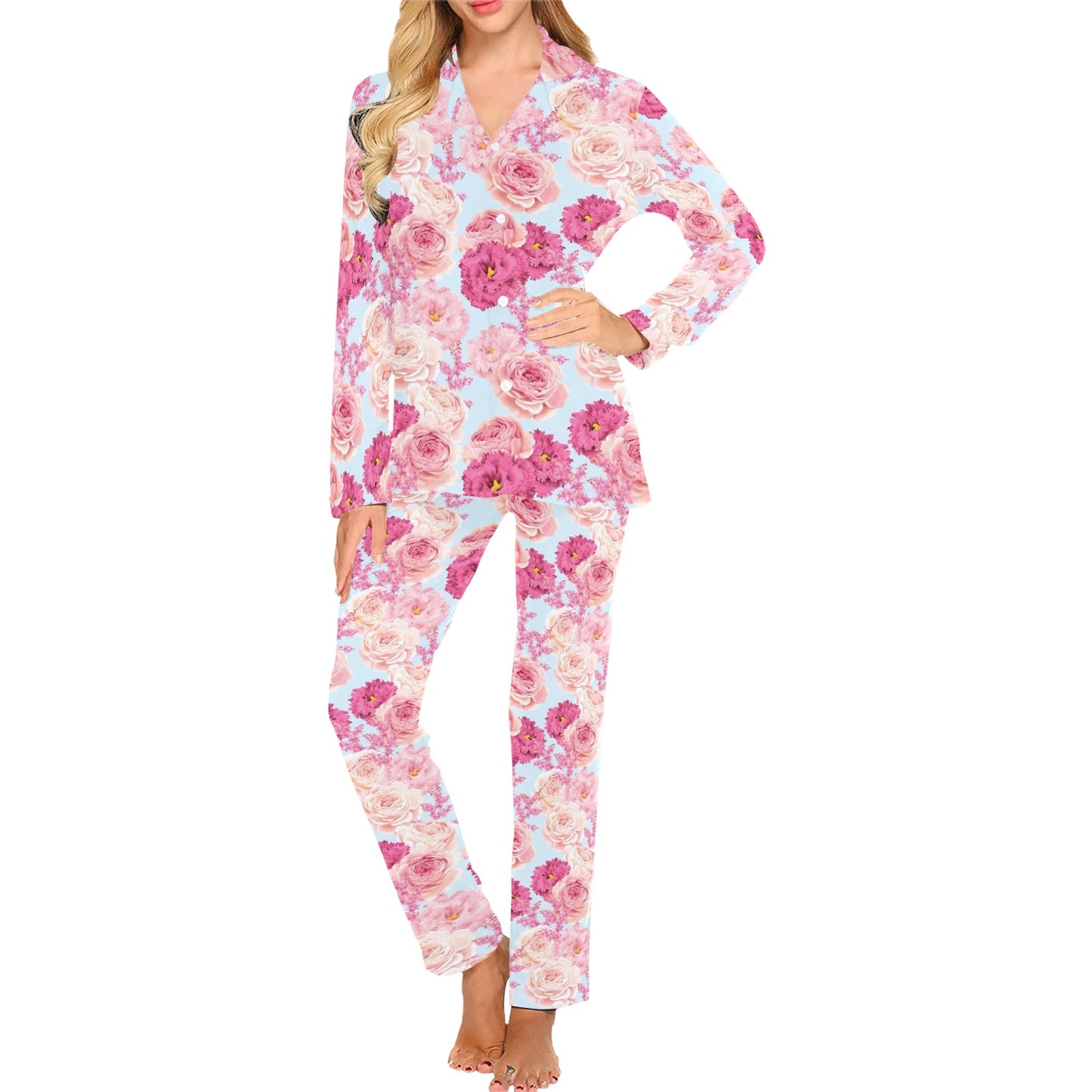 Lisianthus Pattern Print Design LT05 Women's Long Pajama Set