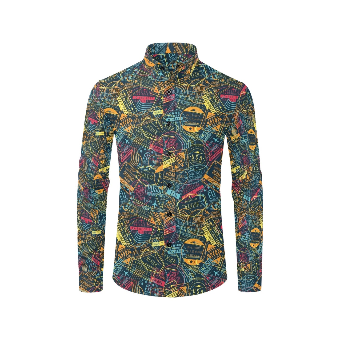 Travel Stamp Colorful Print Design LKS304 Men's Long Sleeve Dress Shirt