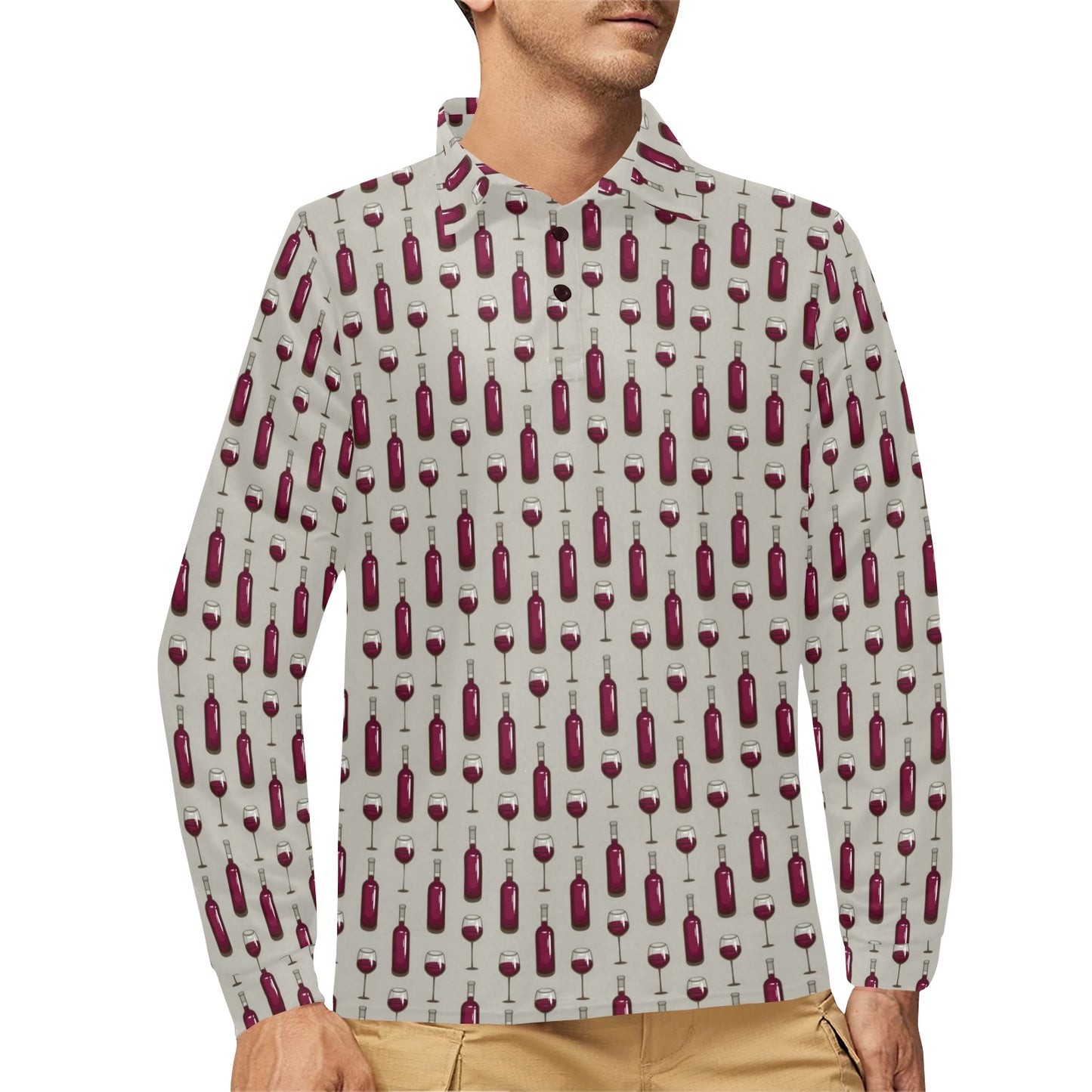 Wine Bottle Pattern Print Long Sleeve Polo Shirt For Men's
