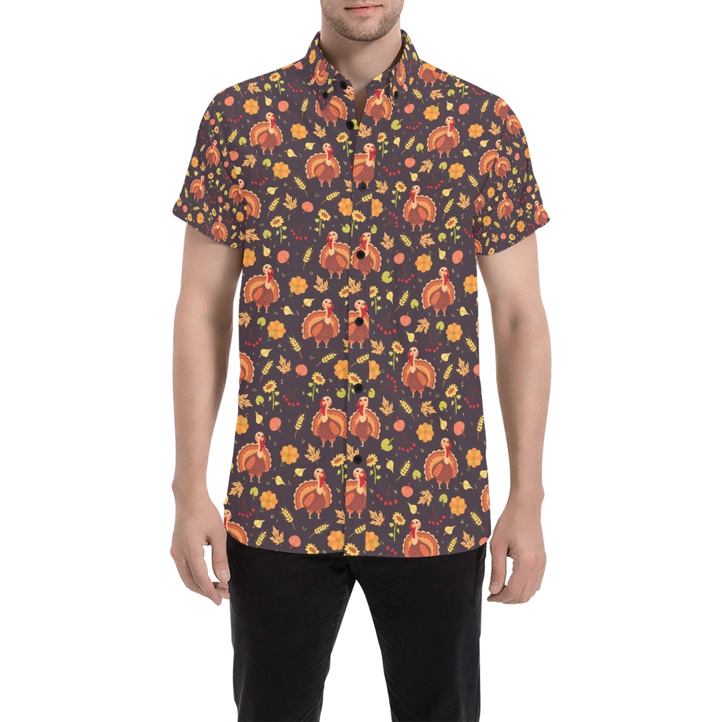 Thanksgiving Print Design LKS305 Men Short Sleeve Button Up Shirt