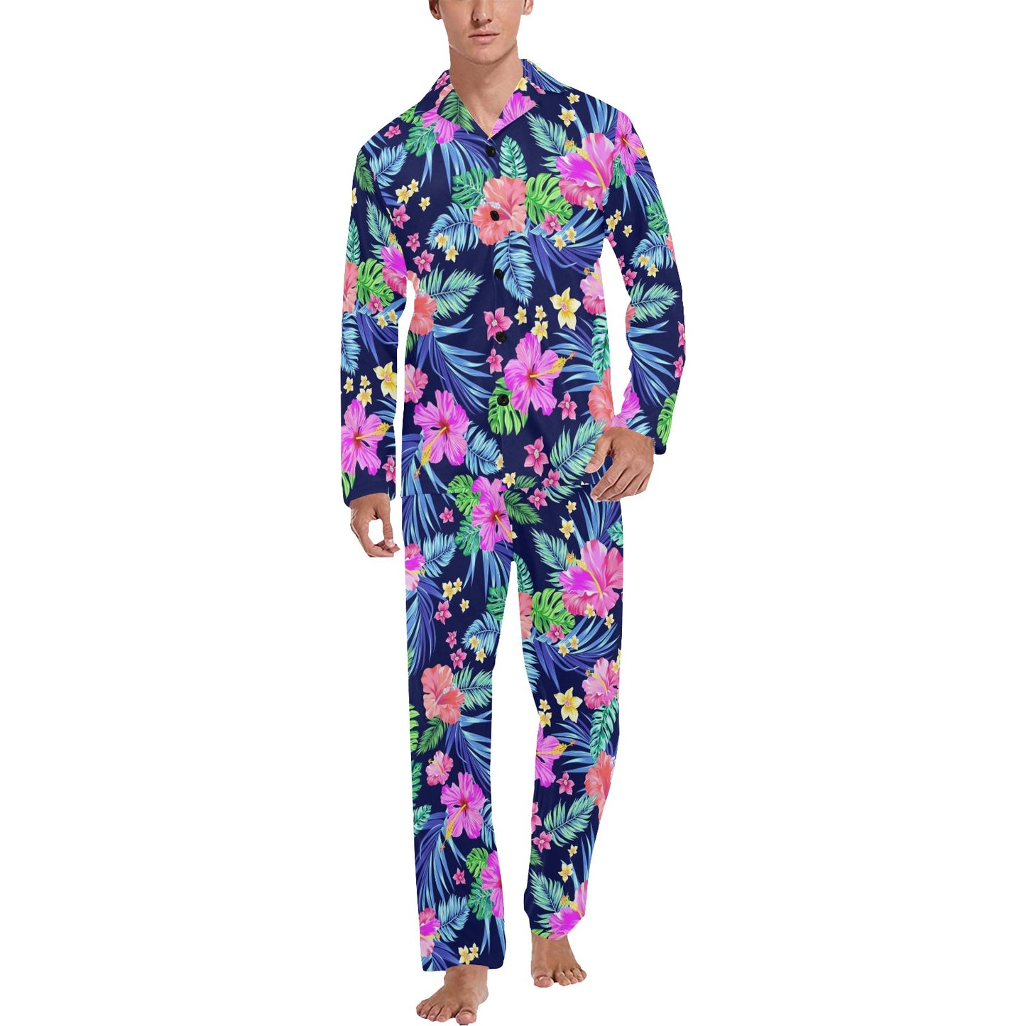 Neon Hibiscus Pattern Print Design HB016 Men's Long Pajama Set