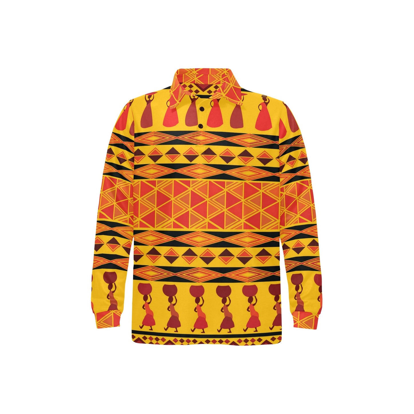 African Pattern Print Design 01 Long Sleeve Polo Shirt For Men's