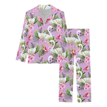 Swan with Flower Pattern Print Design 01 Women's Long Pajama Set