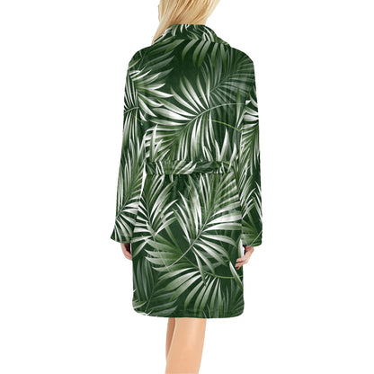 White Green Tropical Palm Leaves Women's Fleece Robe