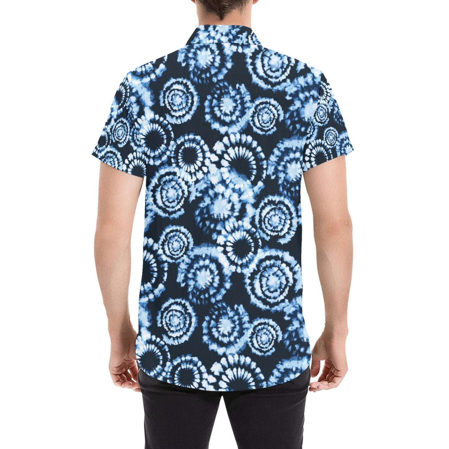 Tie Dye Dark Blue Print Design LKS306 Men Short Sleeve Button Up Shirt
