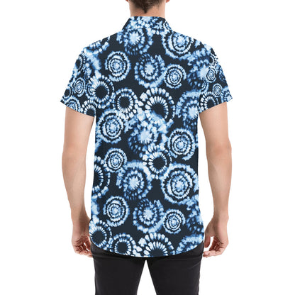 Tie Dye Dark Blue Print Design LKS306 Men Short Sleeve Button Up Shirt