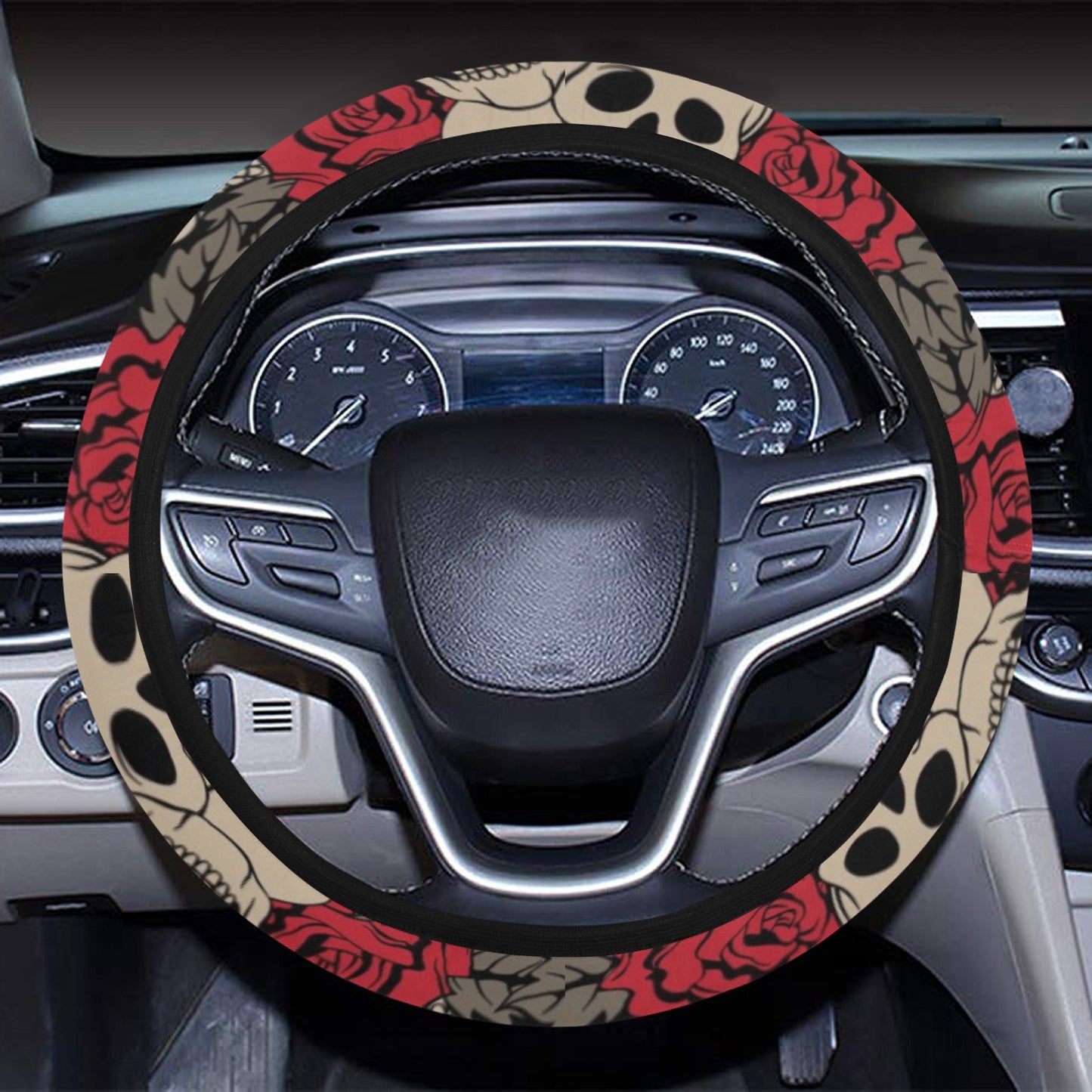 Skull And Roses Print Design LKS301 Steering Wheel Cover with Elastic Edge