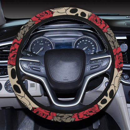 Skull And Roses Print Design LKS301 Steering Wheel Cover with Elastic Edge