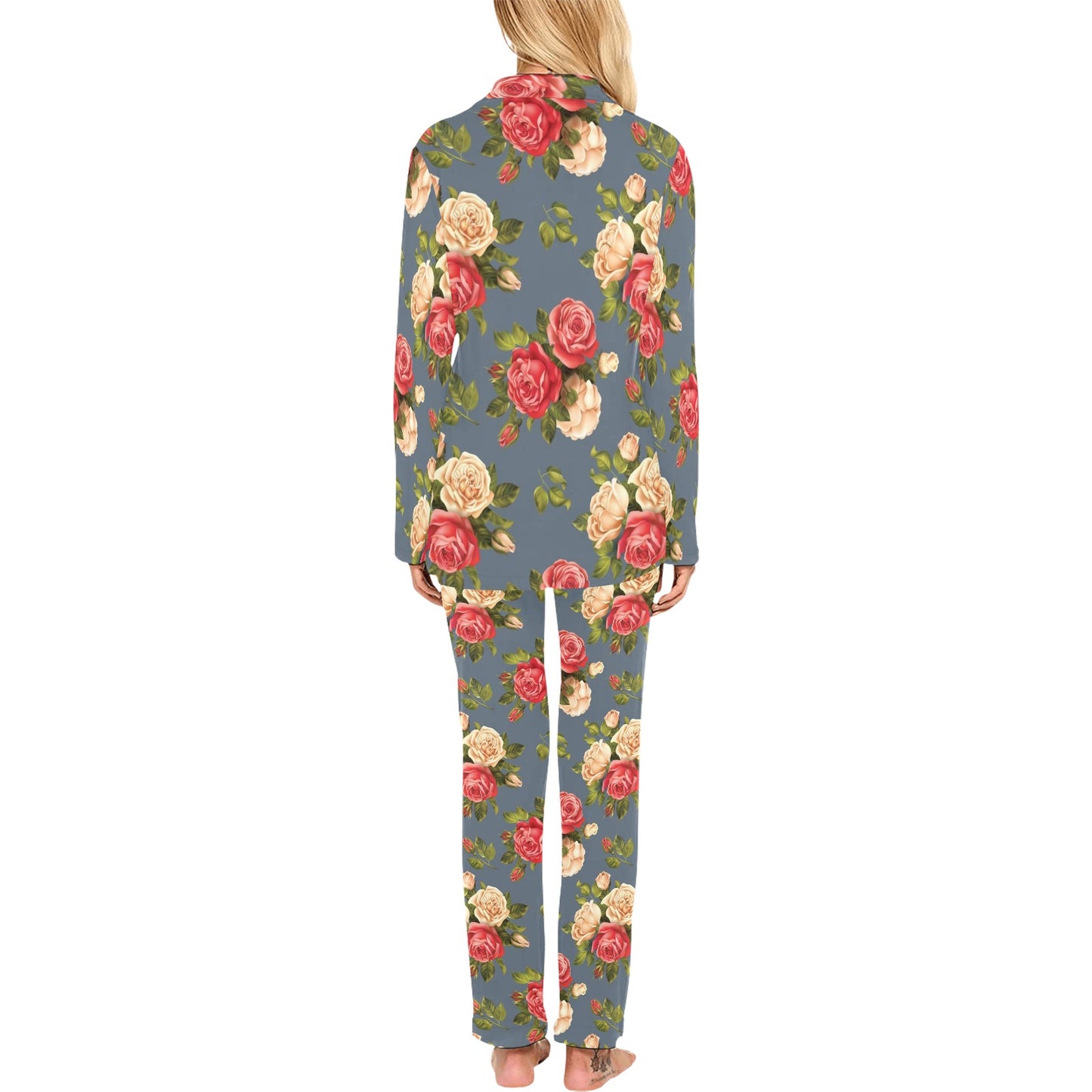 Rose Pattern Print Design RO017 Women's Long Pajama Set