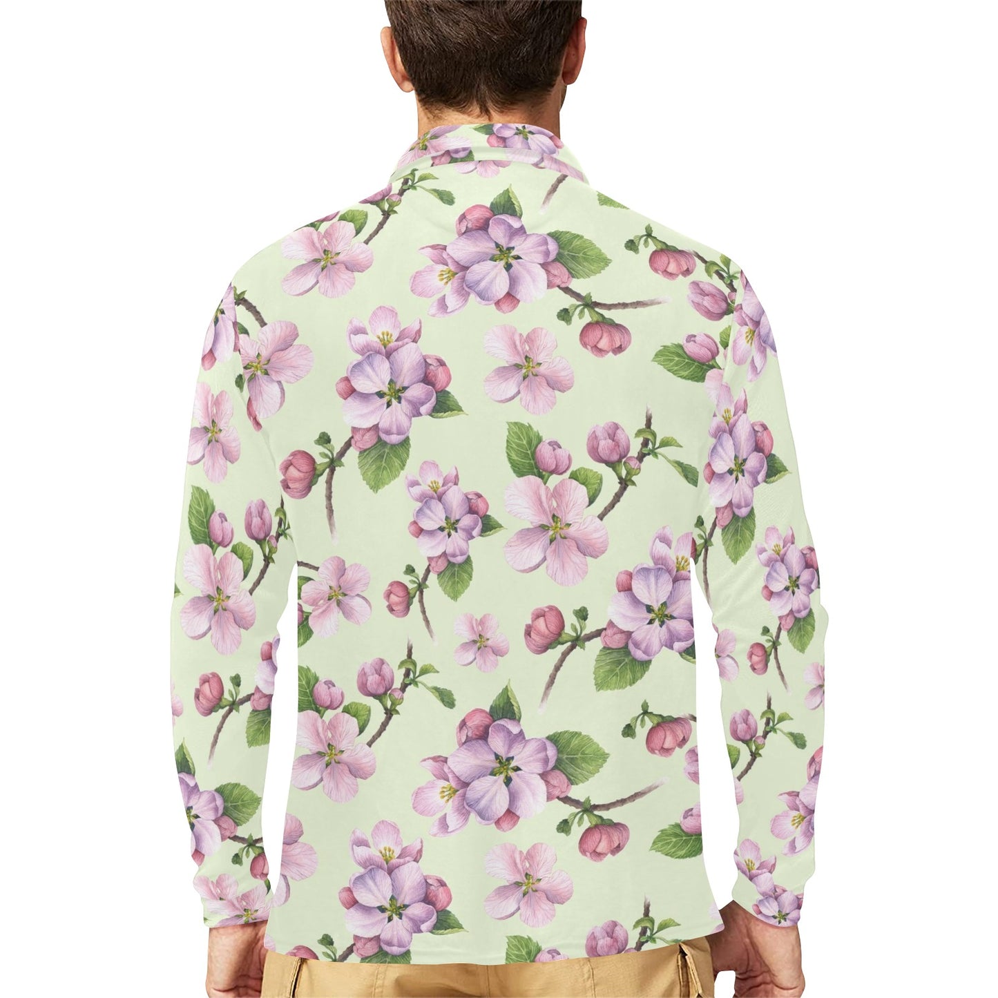 Apple blossom Pattern Print Design AB05 Long Sleeve Polo Shirt For Men's