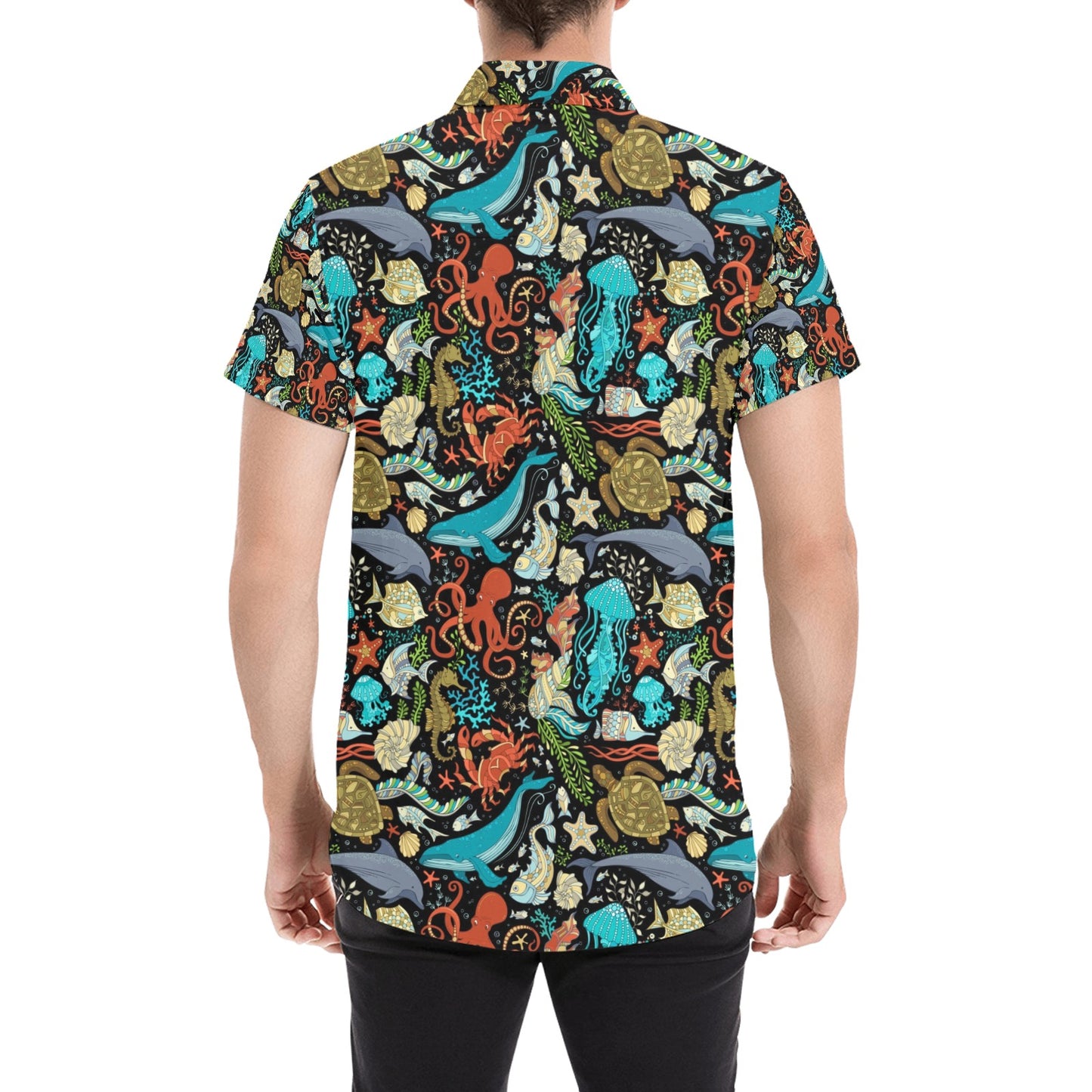 Underwater Animal Print Design LKS301 Men Short Sleeve Button Up Shirt