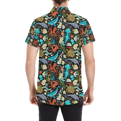 Underwater Animal Print Design LKS301 Men Short Sleeve Button Up Shirt