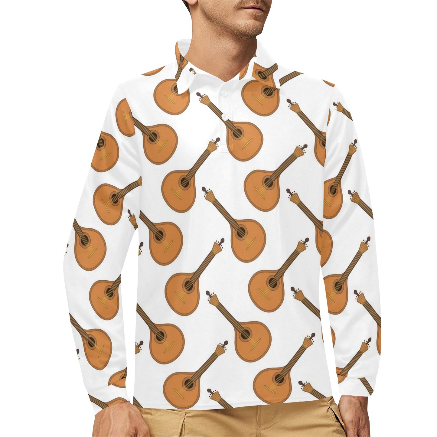 Mandolin Pattern Print Design 01 Long Sleeve Polo Shirt For Men's