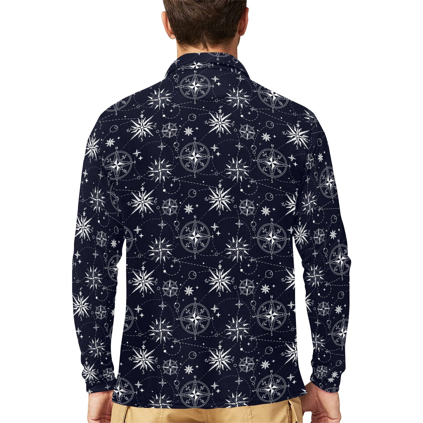 Nautical Sky Design Themed Print Long Sleeve Polo Shirt For Men's