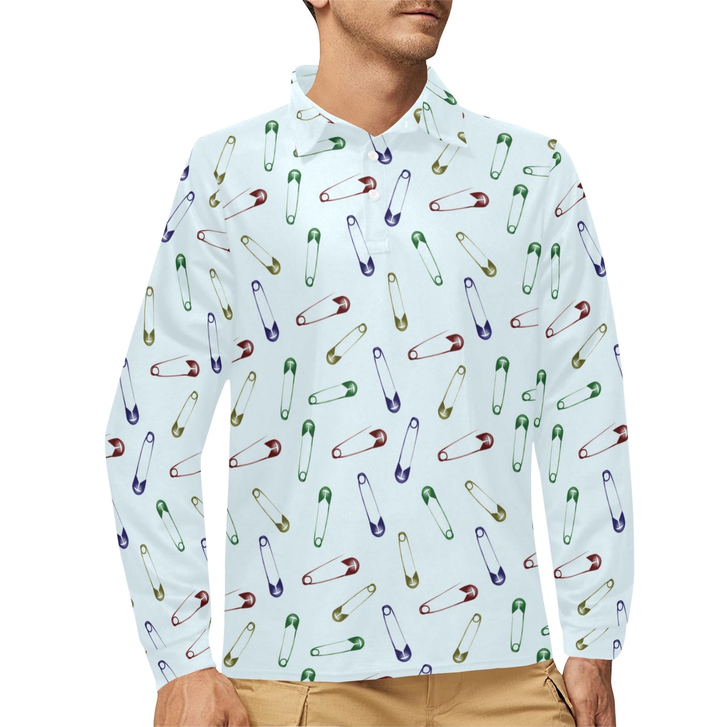 Safety Pin Print Design LKS303 Long Sleeve Polo Shirt For Men's