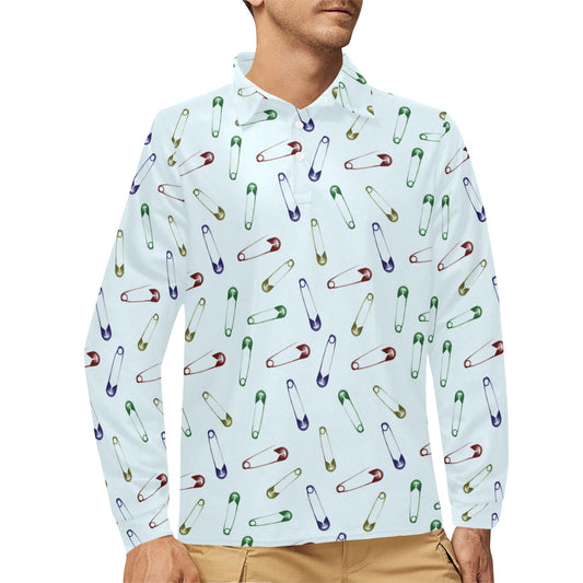 Safety Pin Print Design LKS303 Long Sleeve Polo Shirt For Men's