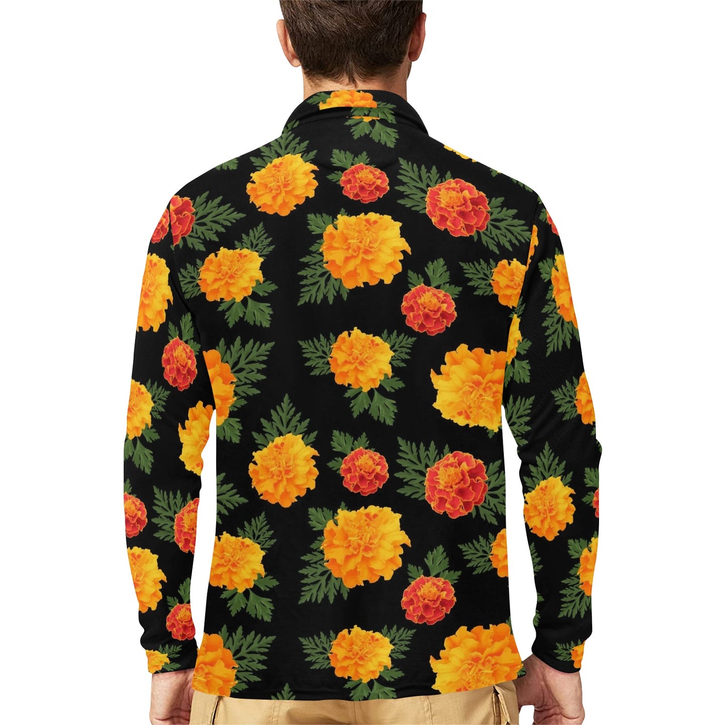 Marigold Pattern Print Design MR05 Long Sleeve Polo Shirt For Men's