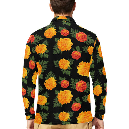 Marigold Pattern Print Design MR05 Long Sleeve Polo Shirt For Men's