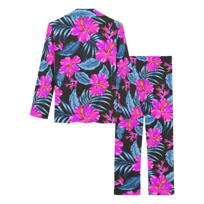 Neon Pink Hibiscus Pattern Print Design HB015 Women's Long Pajama Set