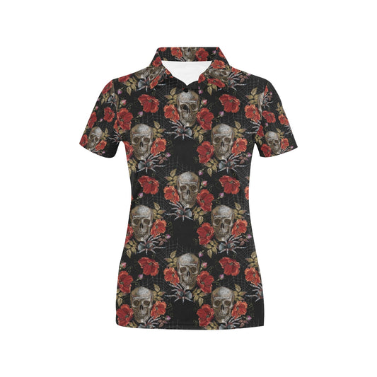 Spider Web Skull Rose Print Design LKS305 Women's Polo Shirt