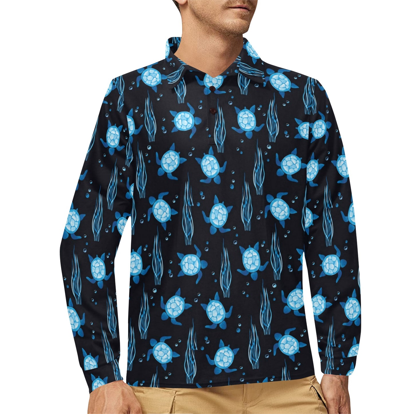 Sea Turtle Print Design LKS3013 Long Sleeve Polo Shirt For Men's