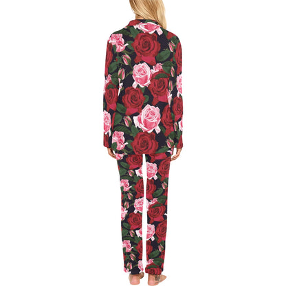 Rose Red Pink Pattern Print Design RO01 Women's Long Pajama Set