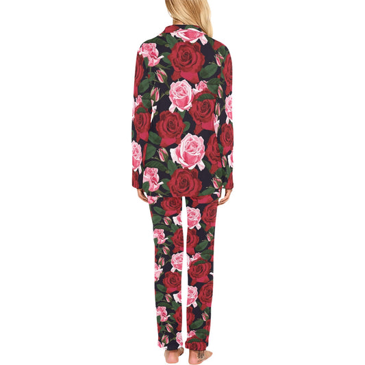Rose Red Pink Pattern Print Design RO01 Women's Long Pajama Set