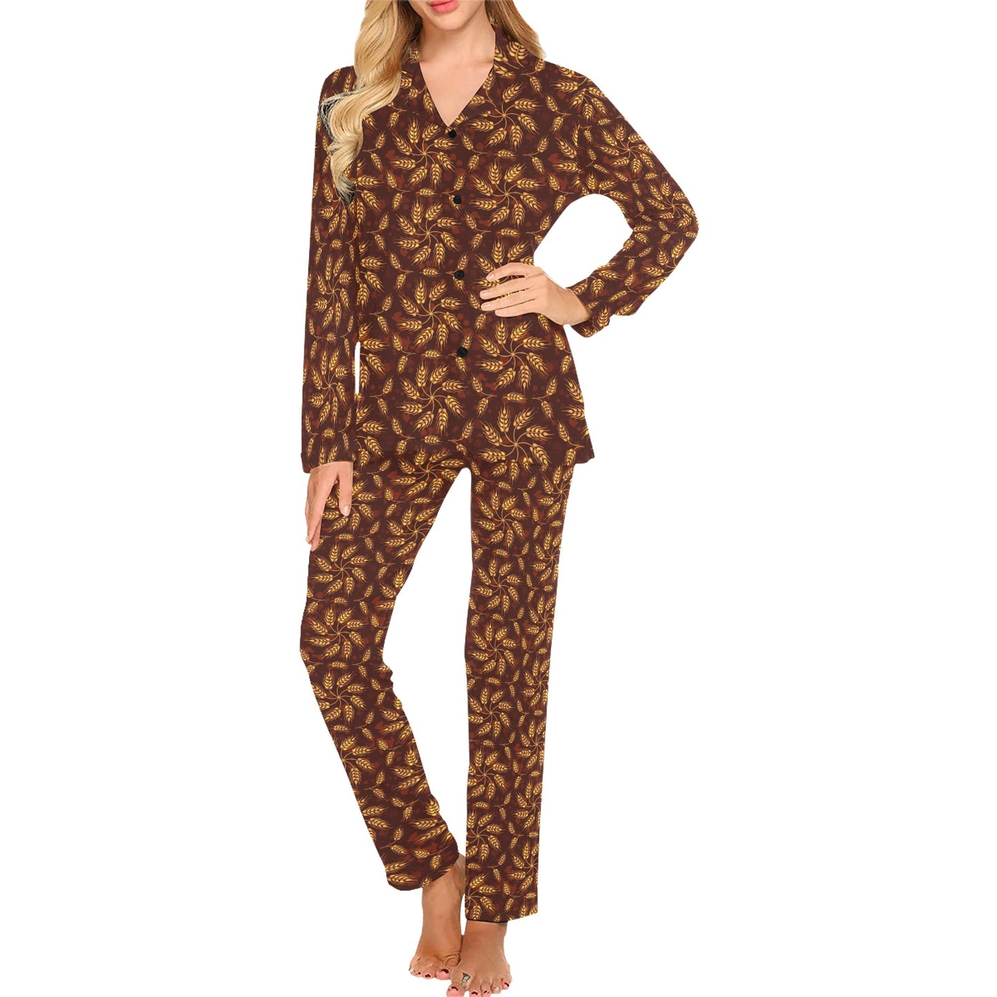 Agricultural Brown Wheat Print Pattern Women's Long Pajama Set