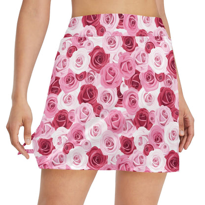 Pink Red Rose Pattern Print 17" Golf & Pickleball Skort with Pockets