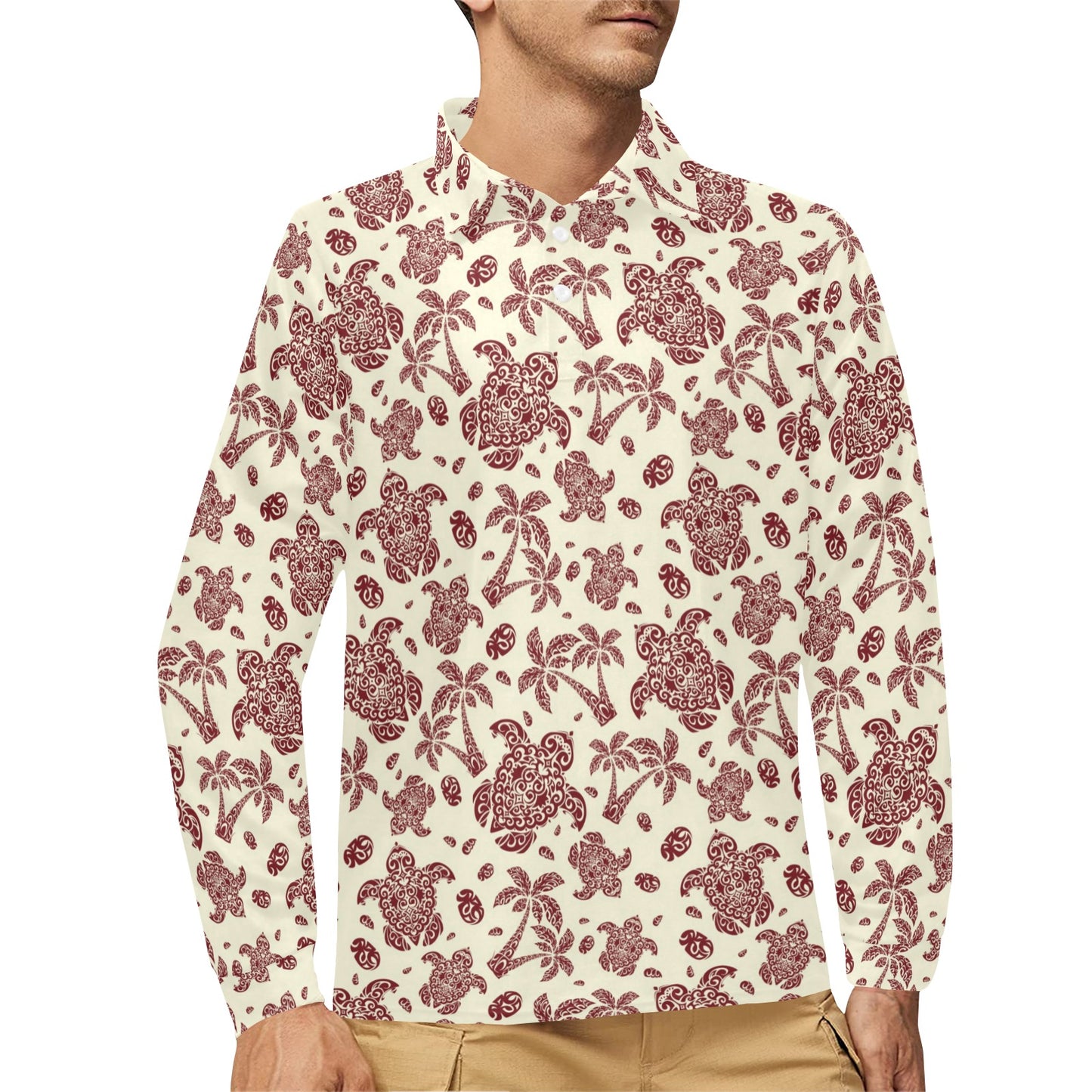 Polynesian Tattoo Turtle Themed Long Sleeve Polo Shirt For Men's