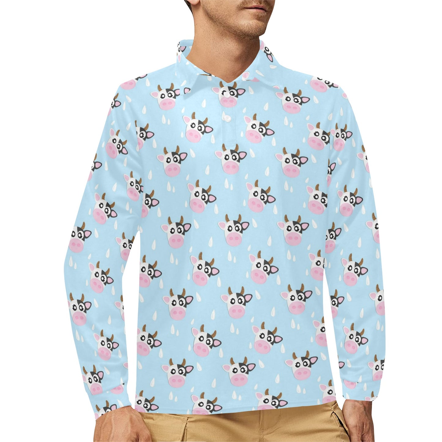 Cow Pattern Print Design 07 Long Sleeve Polo Shirt For Men's