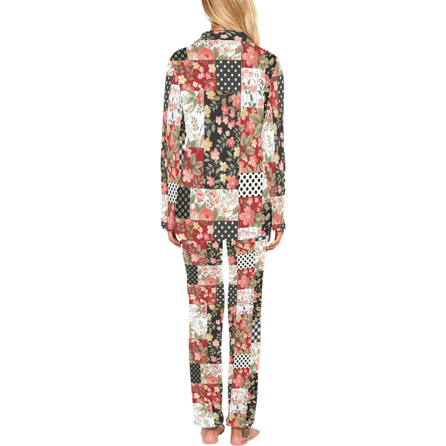 Patchwork Flower Pattern Print Design 03 Women's Long Pajama Set