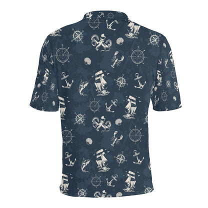 Nautical Sea Themed Print Men Polo Shirt
