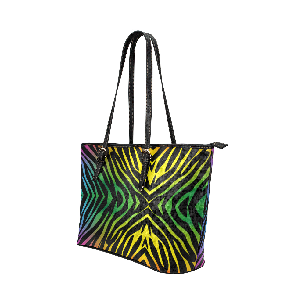 Rainbow Zebra Themed Print Leather Tote Bag