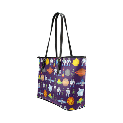Alien Astronaut Planet Leather Tote Bag
