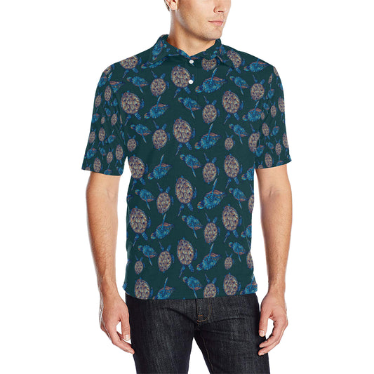 Sea Turtle Hand Drawn Blue Print Men Polo Shirt