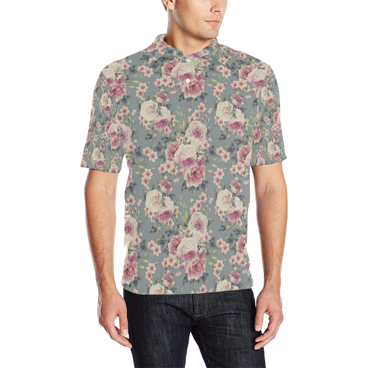 Peony Pattern Print Design PE05 Men Polo Shirt