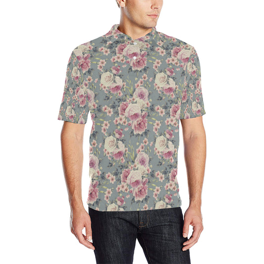 Peony Pattern Print Design PE05 Men Polo Shirt