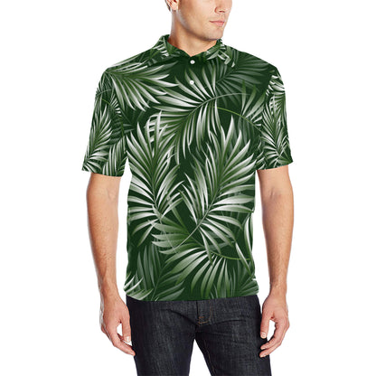 White Green Tropical Palm Leaves Men Polo Shirt