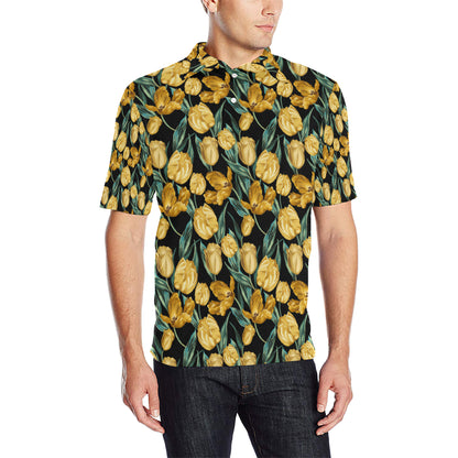 Elegant Yellow Tulip Print Men Polo Shirt