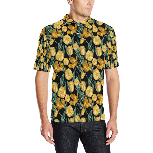 Elegant Yellow Tulip Print Men Polo Shirt