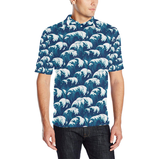 Ocean Wave Pattern Print Men Polo Shirt