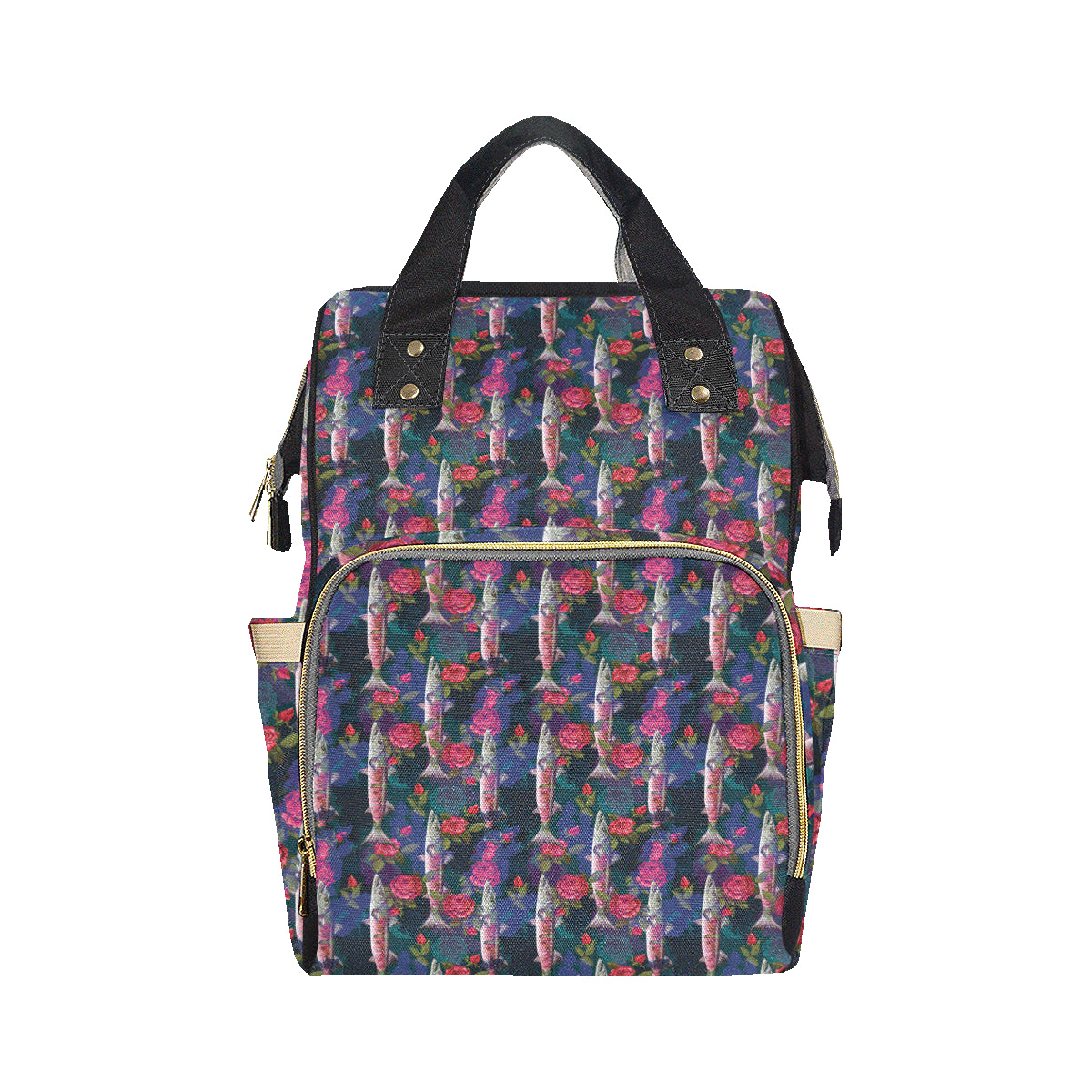 Barracuda with Folwer Pattern Print Design 01 Diaper Bag Backpack